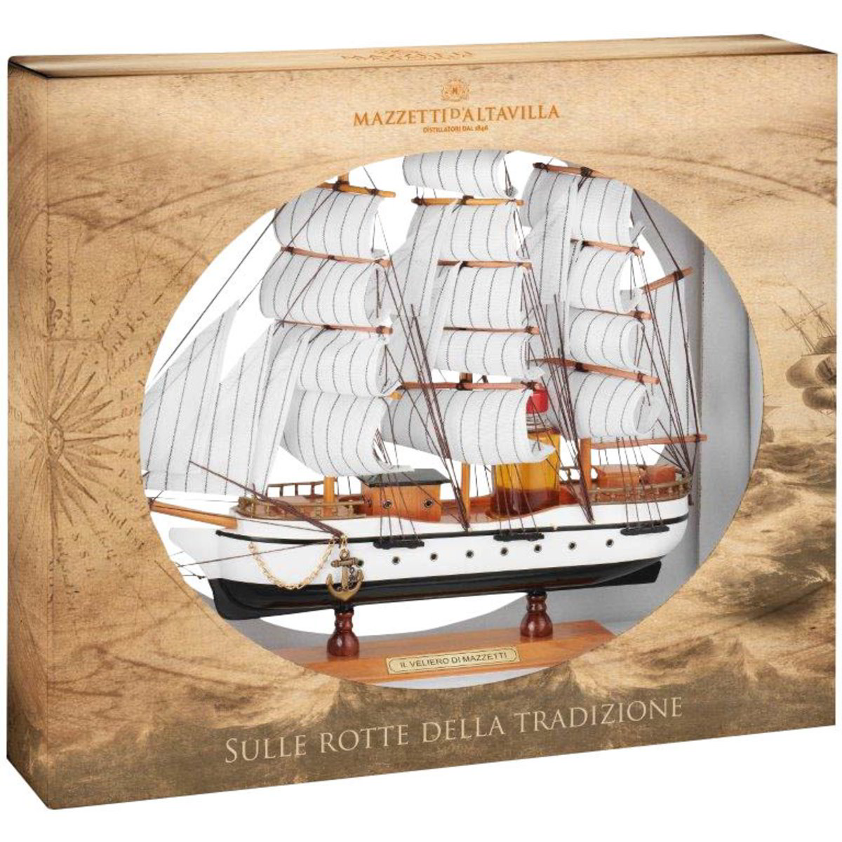 AMAVEL Set Liquori Con Caraffa A Globo In Vetro E Veliero In Miniatura - Decanter Da Whisky Con Supporto In Legno - Capacità 650 Ml - 3